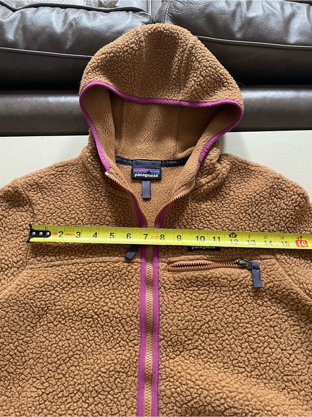 Patagonia Brown Hooded Pile Jacket with Pink Trim